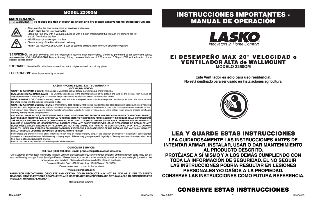 Lasko 2250QM Instrucciones Importantes Manual De Operación, Lea Y Guarde Estas Instrucciones, Conserve Estas Instrucciones 