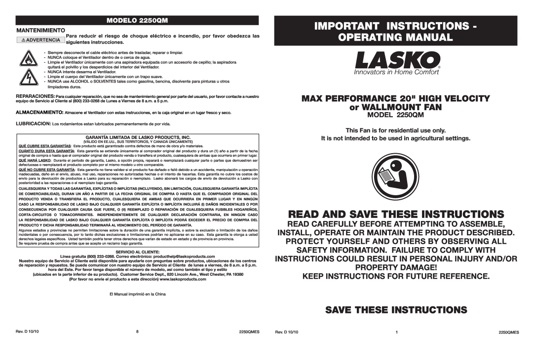 Lasko manual Important Instructions Operating Manual, Read And Save These Instructions, MODEL 2250QM, MODELO 2250QM 