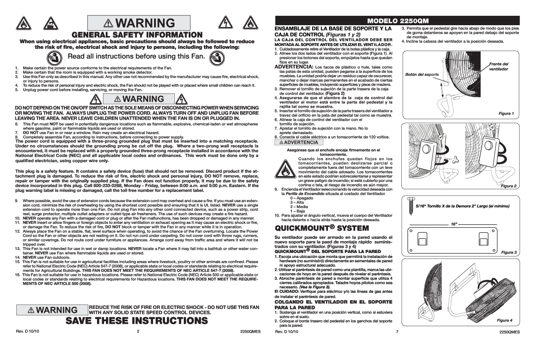 Lasko manual Save These Instructions, General Safety Information, Quickmount System, MODELO 2250QM 