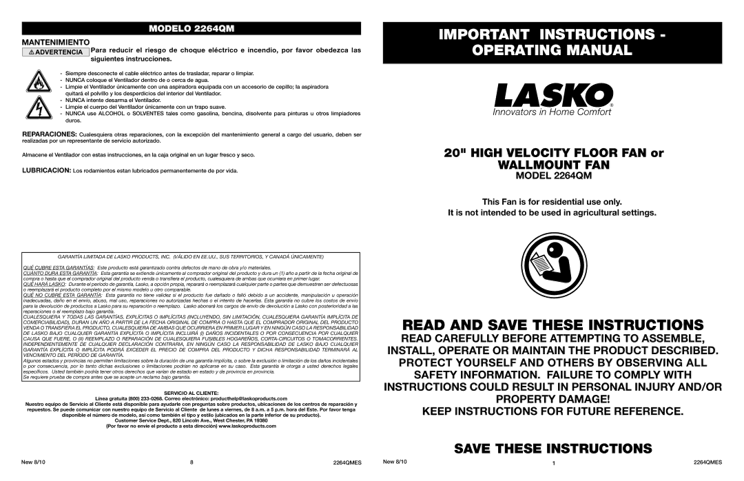 Lasko manual Important Instructions Operating Manual, Wallmount FAN, Model 2264QM, Servicio AL Cliente 