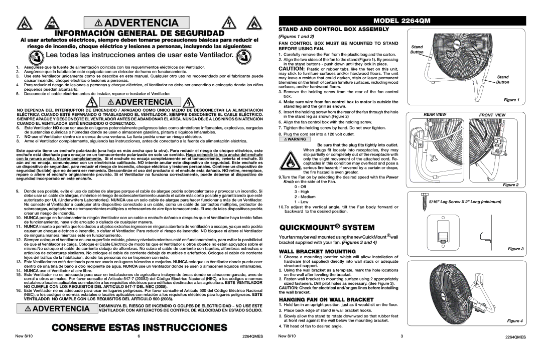 Lasko 2264QM manual Conserve Estas Instrucciones, Información General DE Seguridad, Wall Bracket Mounting 