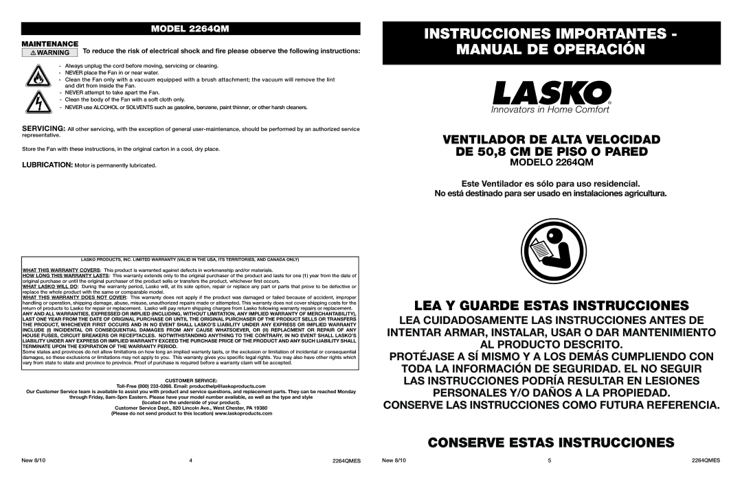 Lasko manual Instrucciones Importantes Manual DE Operación, LEA Y Guarde Estas Instrucciones, Modelo 2264QM, Maintenance 