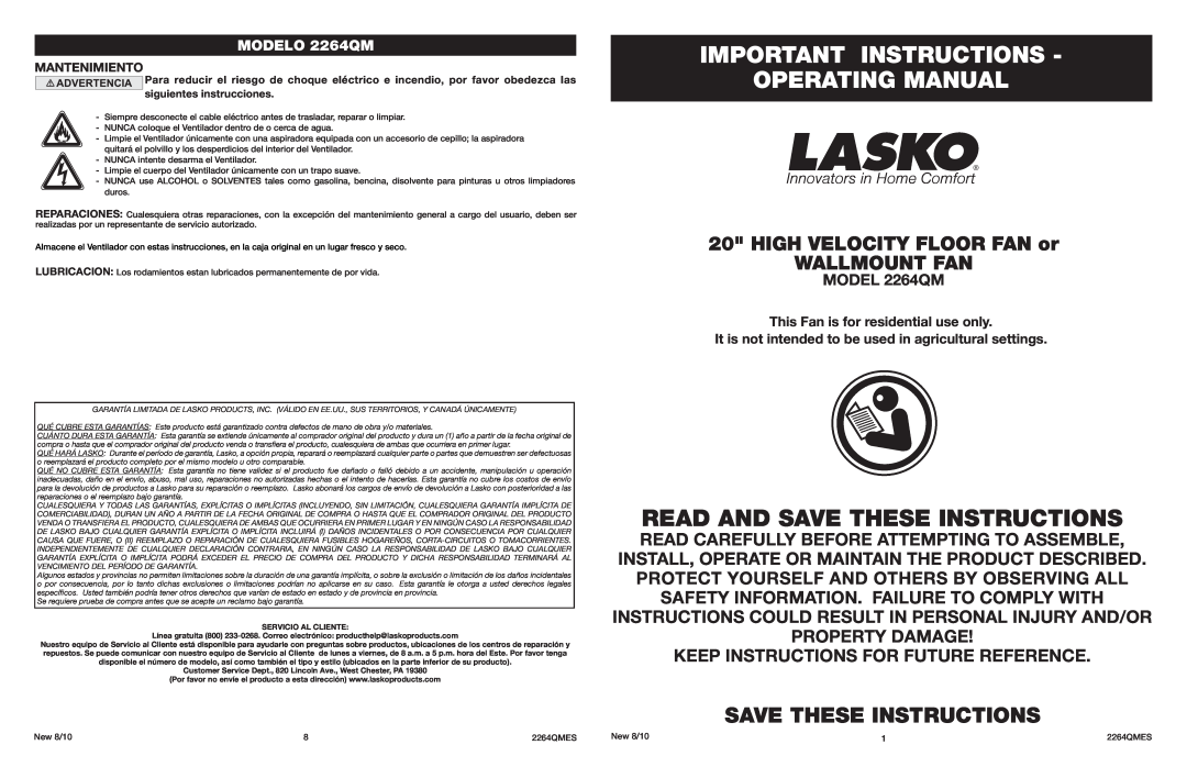 Lasko manual Important Instructions Operating Manual, Read And Save These Instructions, MODEL 2264QM, MODELO 2264QM 