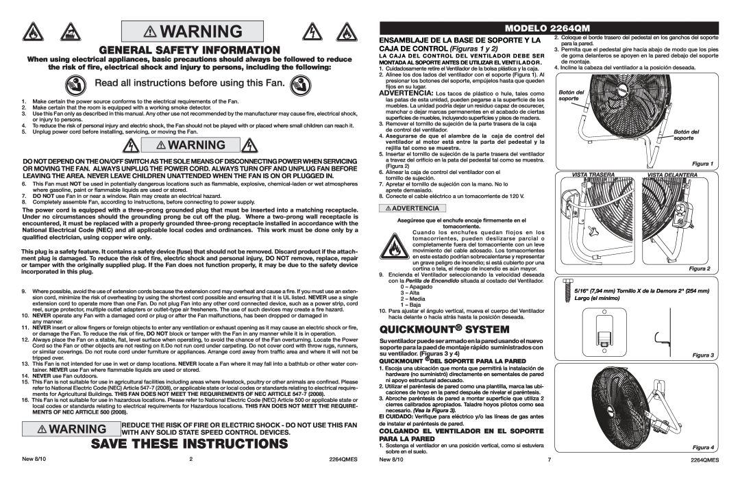 Lasko manual Save These Instructions, General Safety Information, Quickmount System, MODELO 2264QM 