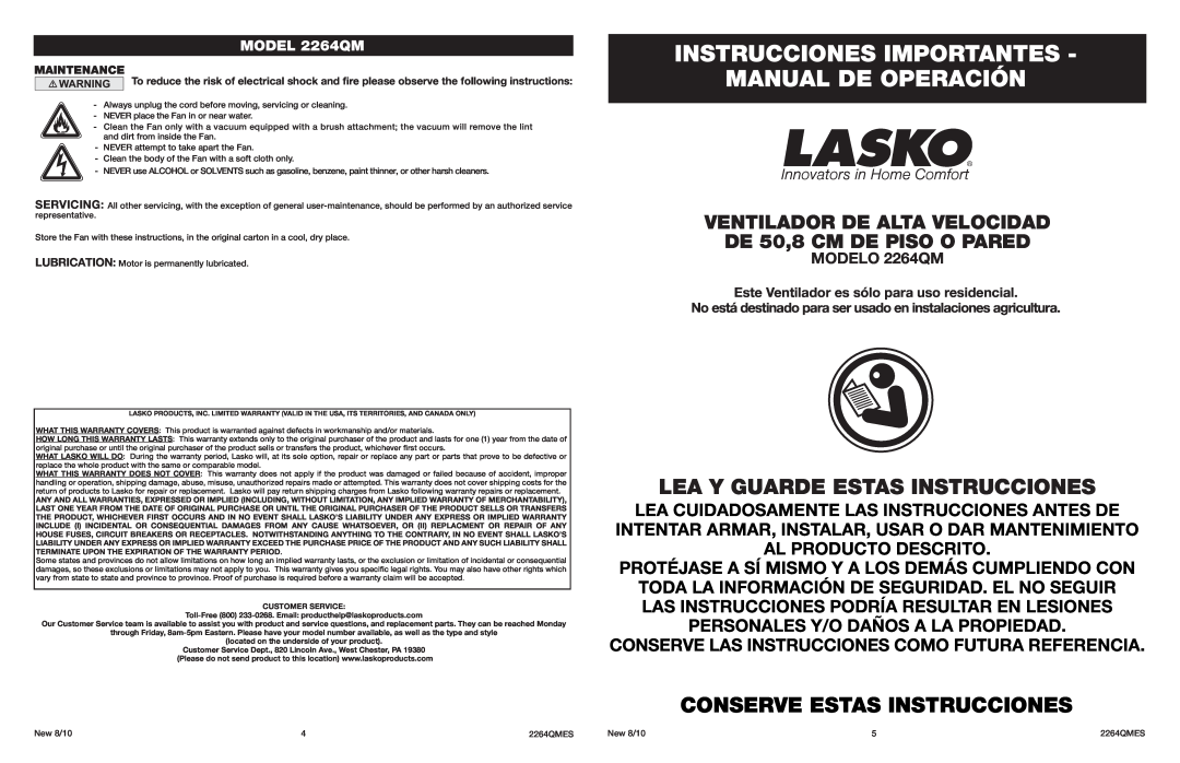 Lasko 2264QM Instrucciones Importantes Manual De Operación, Lea Y Guarde Estas Instrucciones, Conserve Estas Instrucciones 