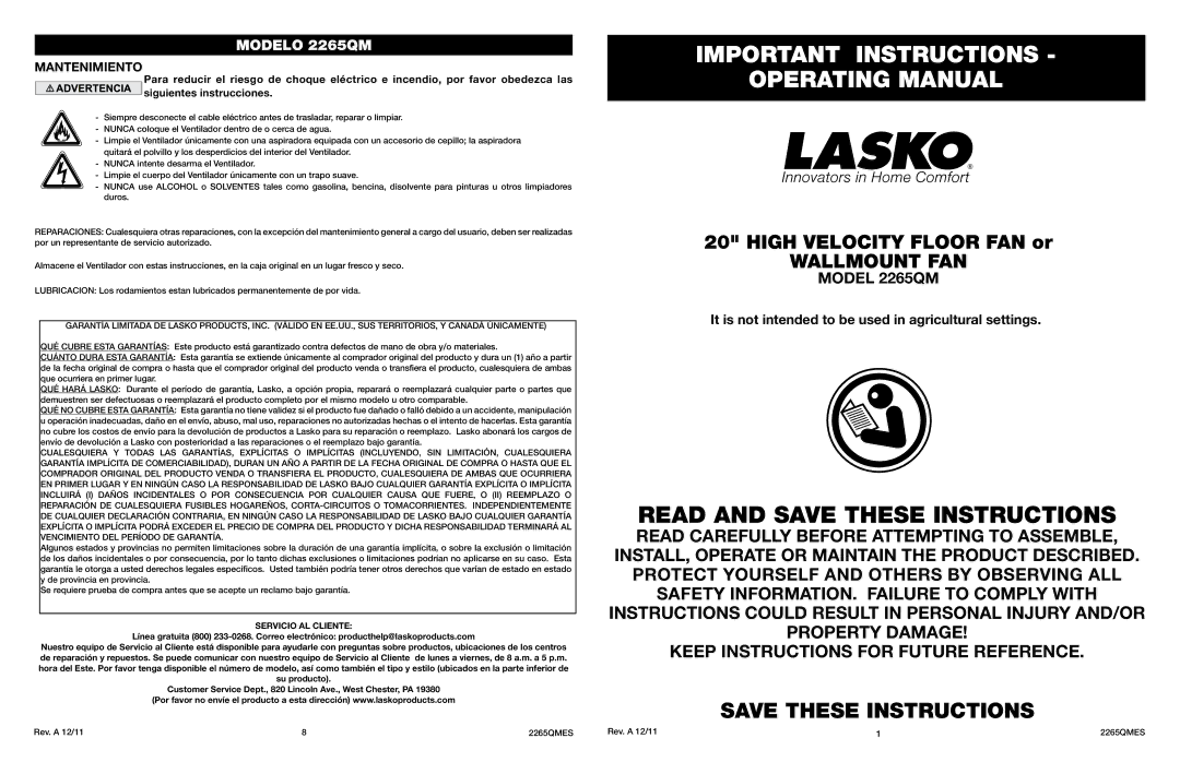 Lasko 2265QM manual Important Instructions Operating Manual, Servicio AL Cliente 