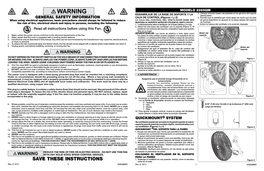 Lasko 2265QM manual General Safety Information, Read all instructions before using this Fan, Ments of NEC Article 500 