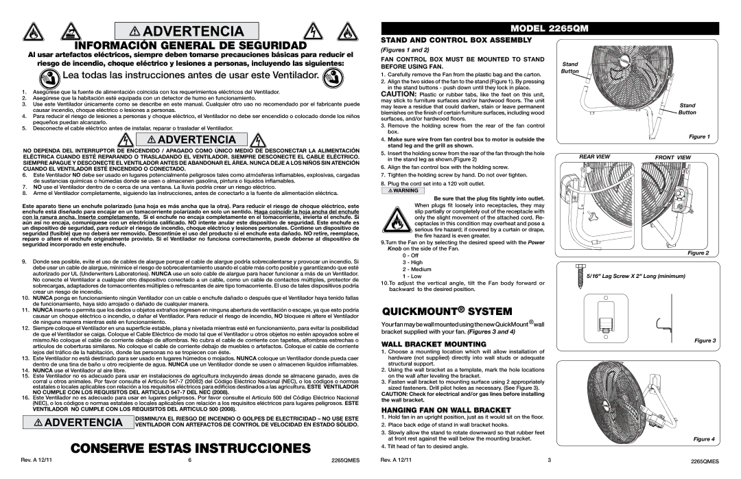 Lasko 2265QM manual Conserve Estas Instrucciones, Información General DE Seguridad, Wall Bracket Mounting 