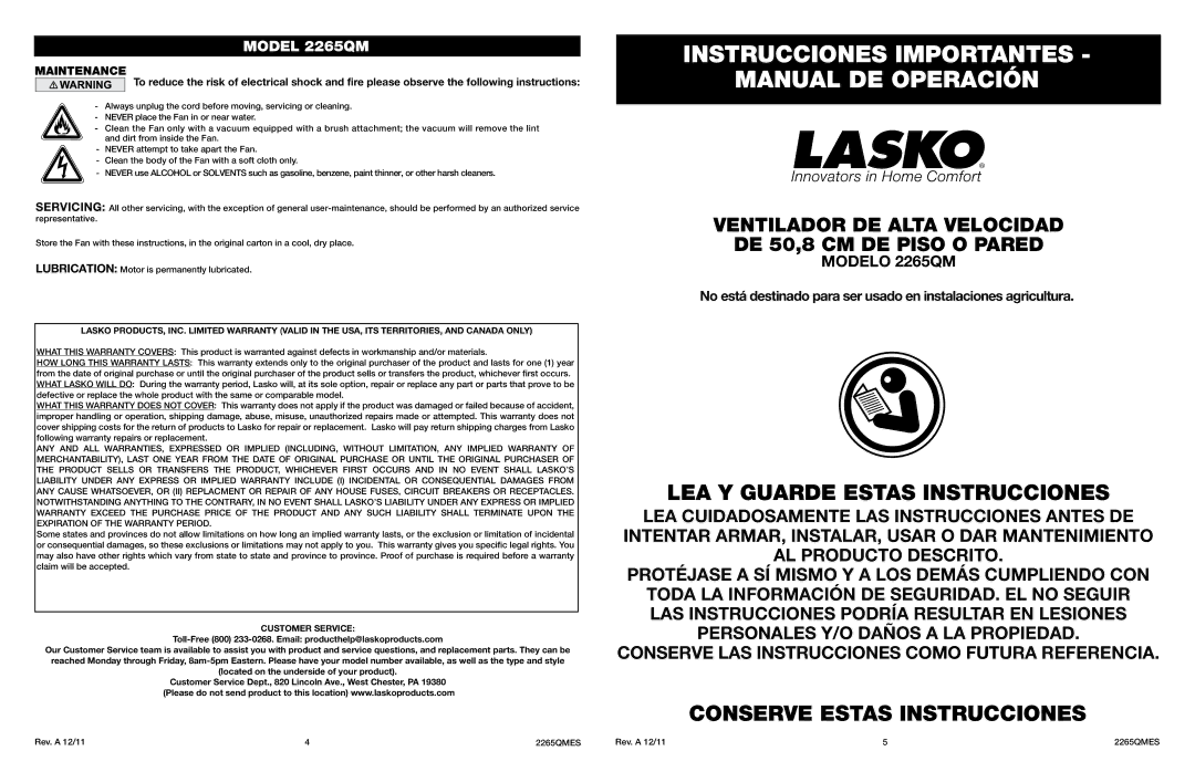 Lasko 2265QM manual Instrucciones Importantes Manual DE Operación, LEA Y Guarde Estas Instrucciones, Maintenance 