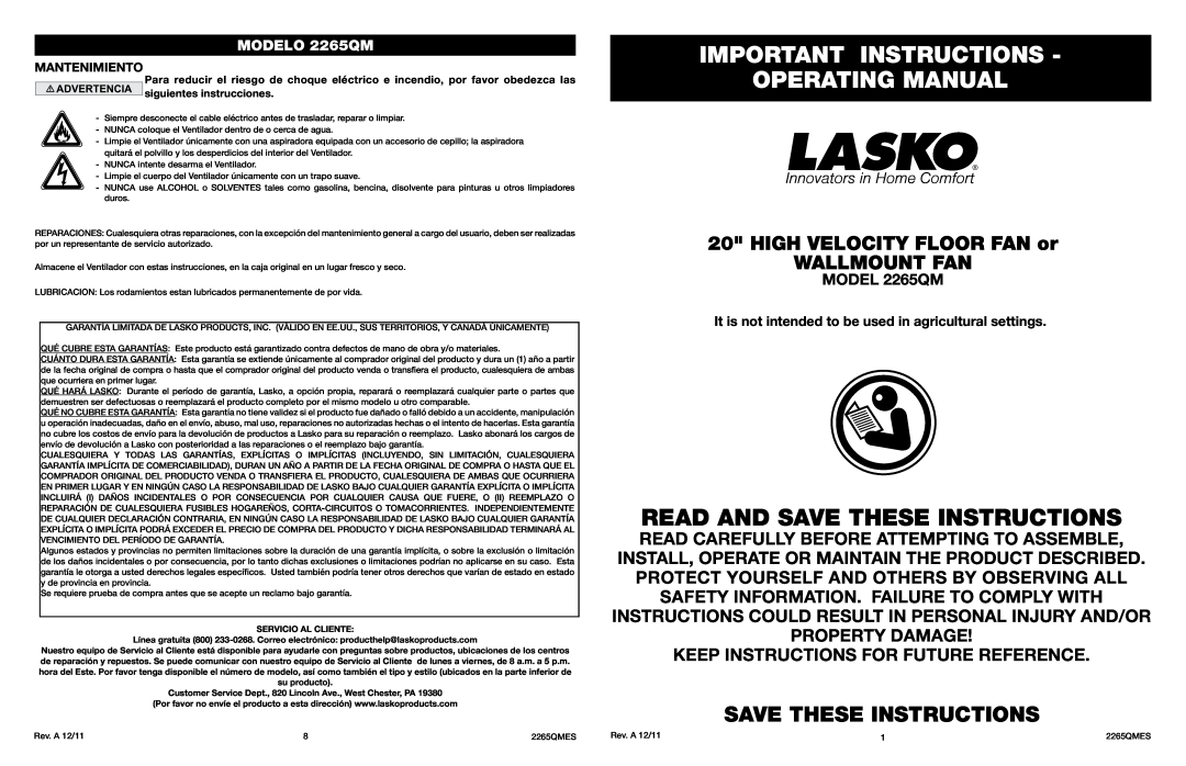 Lasko manual Important Instructions Operating Manual, Read And Save These Instructions, MODEL 2265QM, MODELO 2265QM 