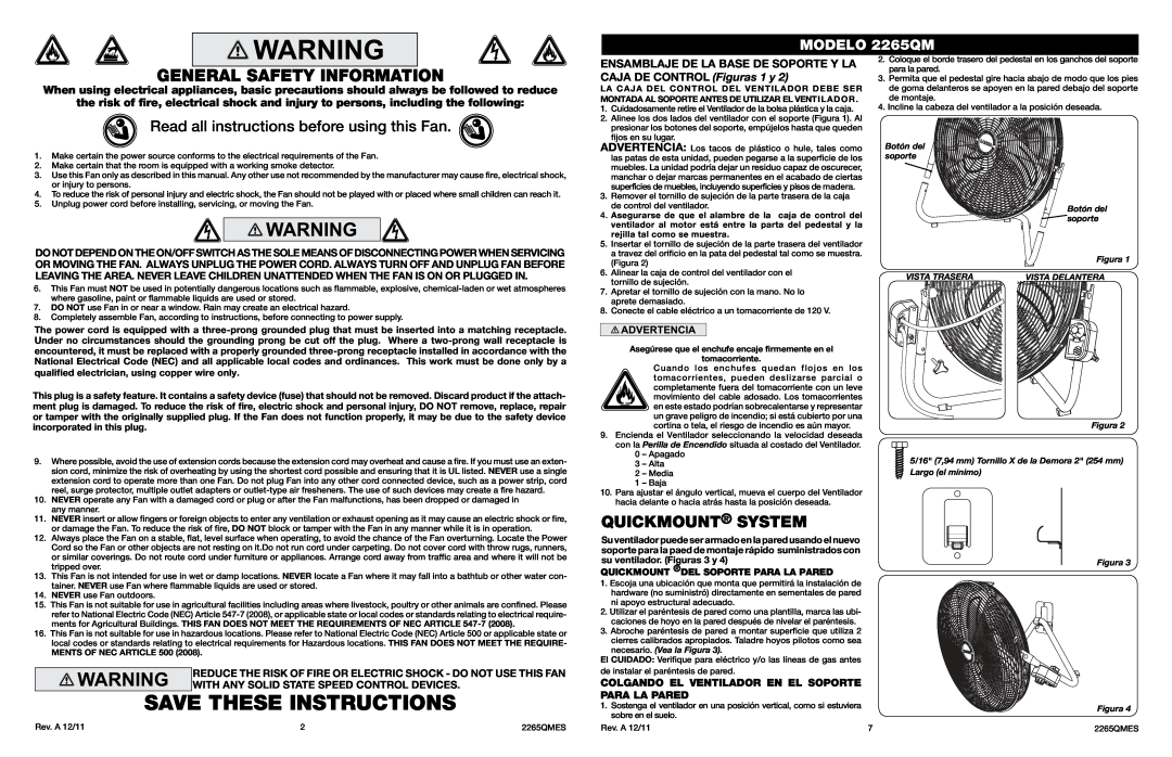 Lasko manual Save These Instructions, General Safety Information, Quickmount System, MODELO 2265QM 