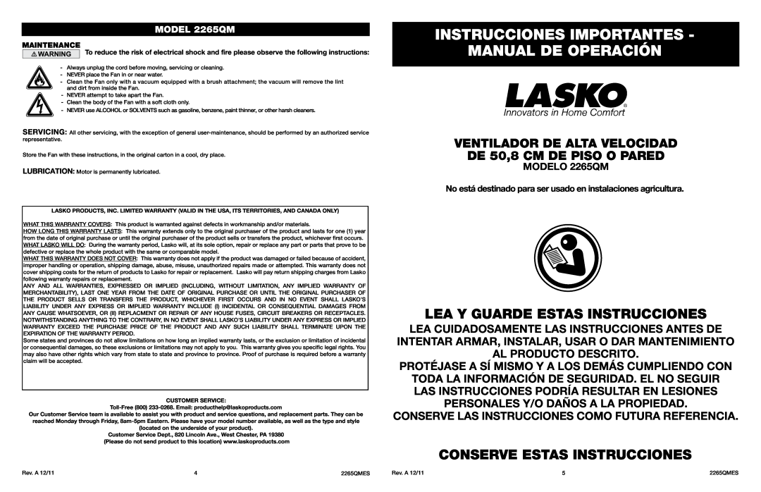 Lasko 2265QM Instrucciones Importantes Manual De Operación, Lea Y Guarde Estas Instrucciones, Conserve Estas Instrucciones 