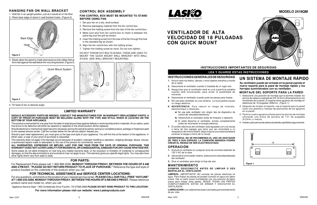 Lasko 2418QM Hanging FAN on Wall Bracket, Control BOX Assembly, Limited Warranty, For Parts, Operación, Mantenimiento 