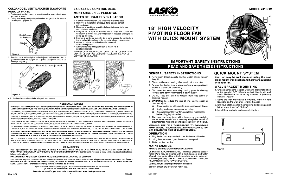 Lasko important safety instructions MODEL 2418QM, La Caja De Control Debe Montarse En El Pedestal, Operation 
