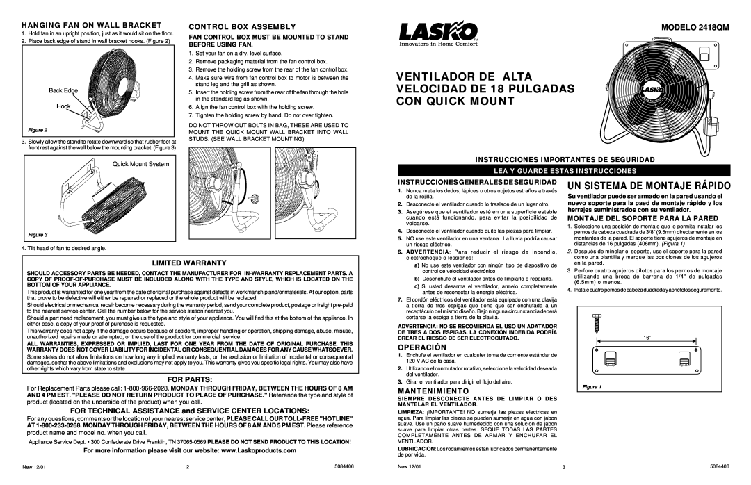Lasko MODELO 2418QM, Hanging Fan On Wall Bracket, Control Box Assembly, Limited Warranty, For Parts, Operación, Hook 