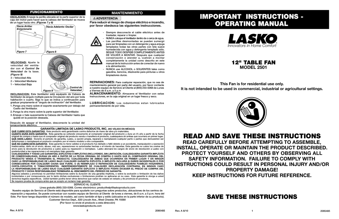 Lasko 2501 manual Important Instructions Operating Manual, Table FAN, Hacia Arriba, Estacionario, Control de 