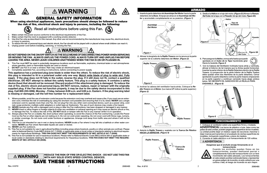 Lasko 2501 manual General Safety Information, Read all instructions before using this Fan, Asamblaje Del Motor Base 