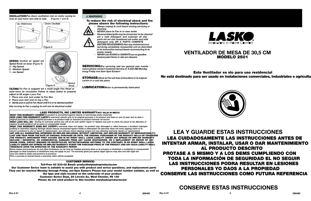 Lasko 2501 Instrucciones Importantes, Manual DE Operación, LEA Y Guarde Estas Instrucciones, Ventilador DE Mesa DE 30,5 CM 