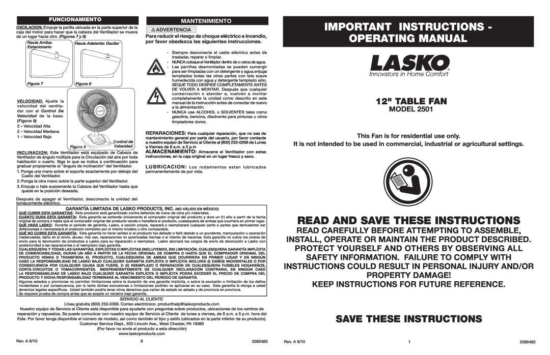 Lasko 2501 manual Important Instructions Operating Manual, Save These Instructions, Table Fan, Model, Mantenimiento 