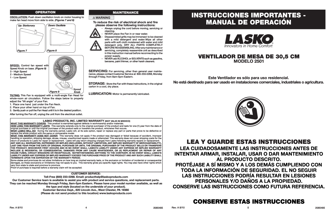 Lasko 2501 Instrucciones Importantes, Manual De Operación, Lea Y Guarde Estas Instrucciones, VENTILADOR DE MESA DE 30,5 CM 