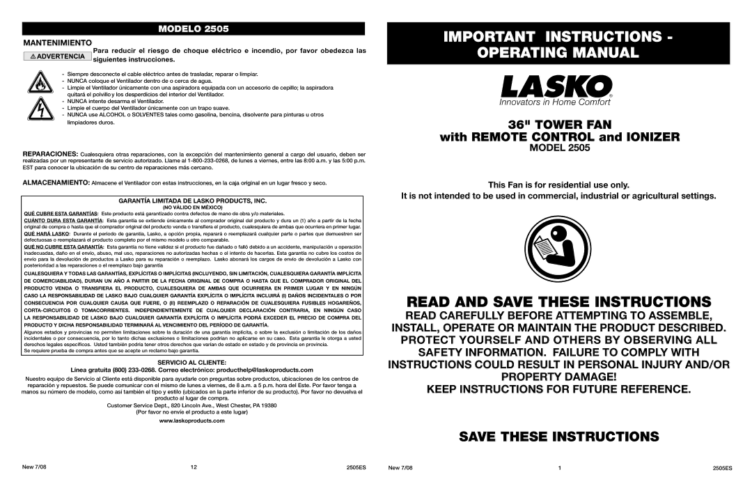 Lasko 2505 manual Important Instructions Operating Manual, Garantía Limitada DE Lasko PRODUCTS, INC, Servicio AL Cliente 