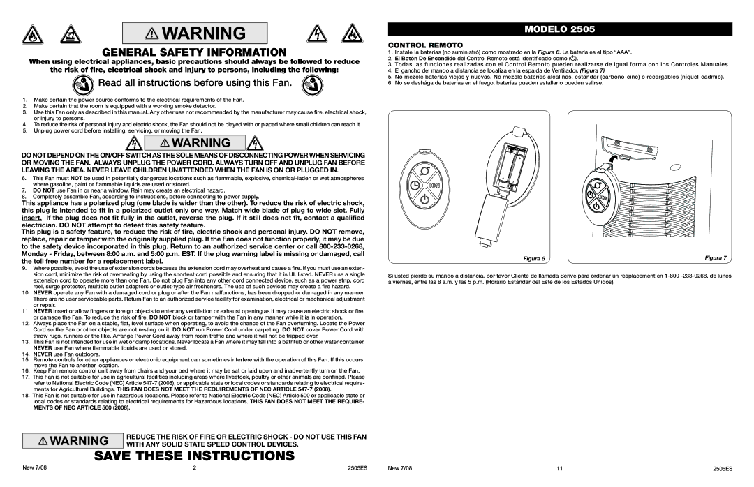 Lasko 2505 manual General Safety Information, Read all instructions before using this Fan, Control Remoto 