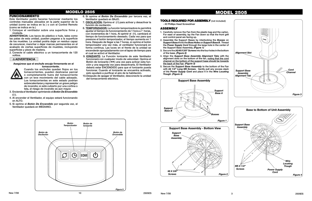 Lasko 2505 manual Funcionamiento, Base to Bottom of Unit Assembly, Support Base Assembly Bottom View 