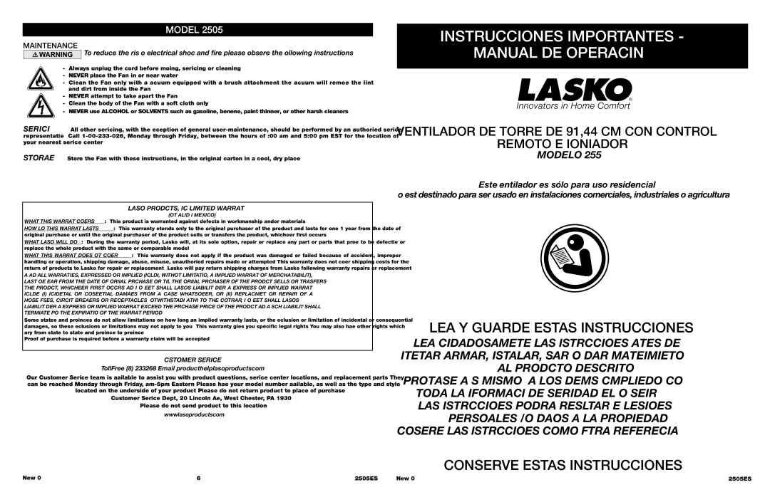 Lasko 2505 Instrucciones Importantes Manual DE Operación, LEA Y Guarde Estas Instrucciones, Maintenance, Customer Service 