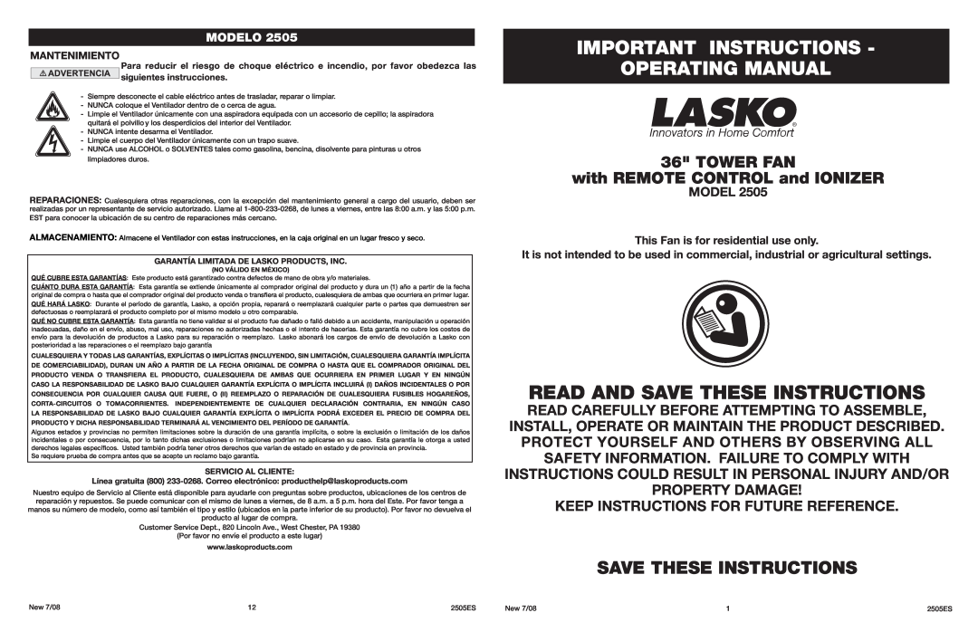Lasko 2505 manual Important Instructions Operating Manual, Read And Save These Instructions, Modelo, Mantenimiento 