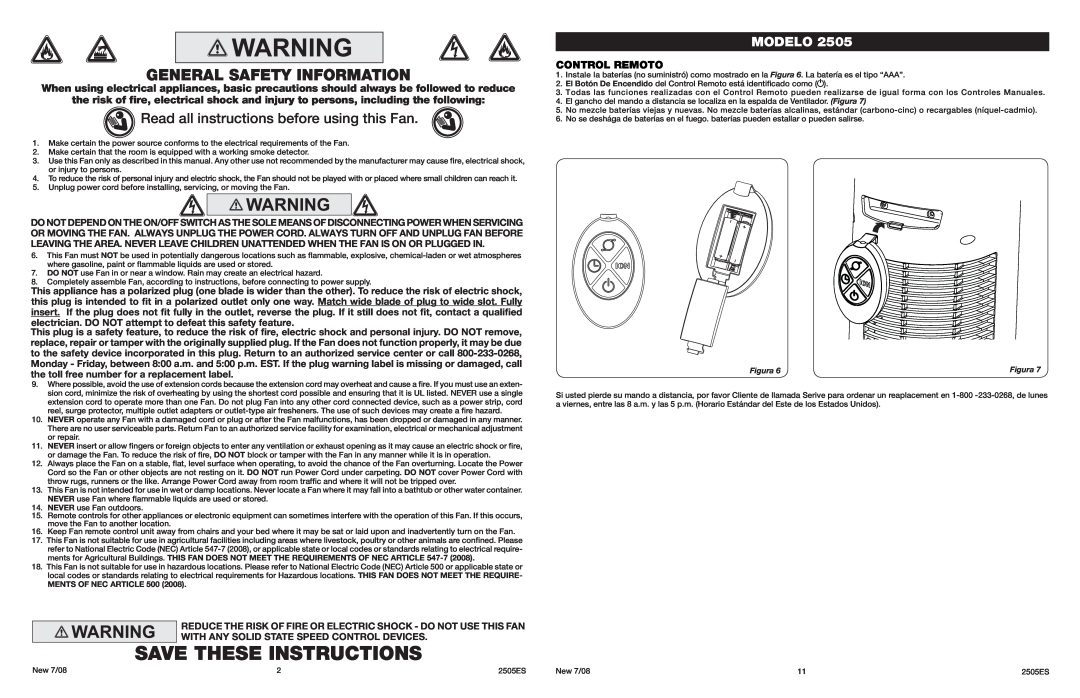 Lasko 2505 manual Save These Instructions, General Safety Information, Read all instructions before using this Fan, Modelo 