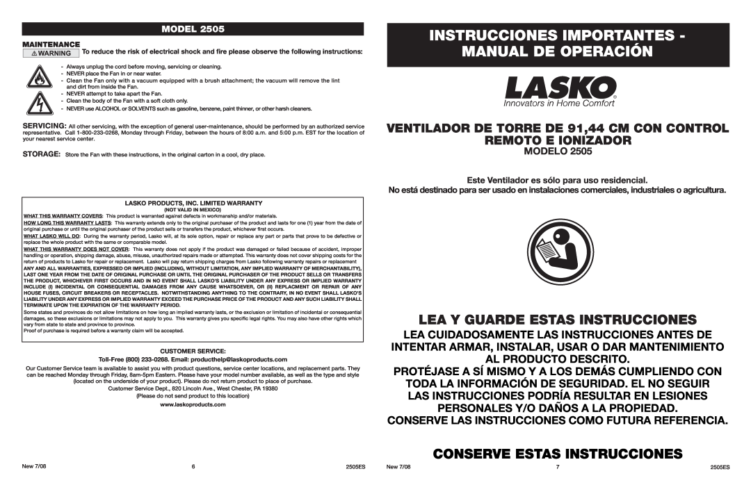 Lasko 2505 Instrucciones Importantes Manual De Operación, Lea Y Guarde Estas Instrucciones, Conserve Estas Instrucciones 
