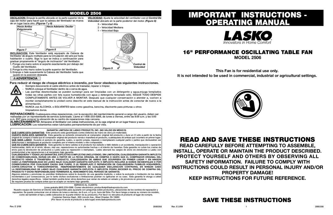 Lasko 2506 manual Important Instructions, Operating Manual, Hacia ArribaHacia Adelante Oscilar Estacionario, Control de 