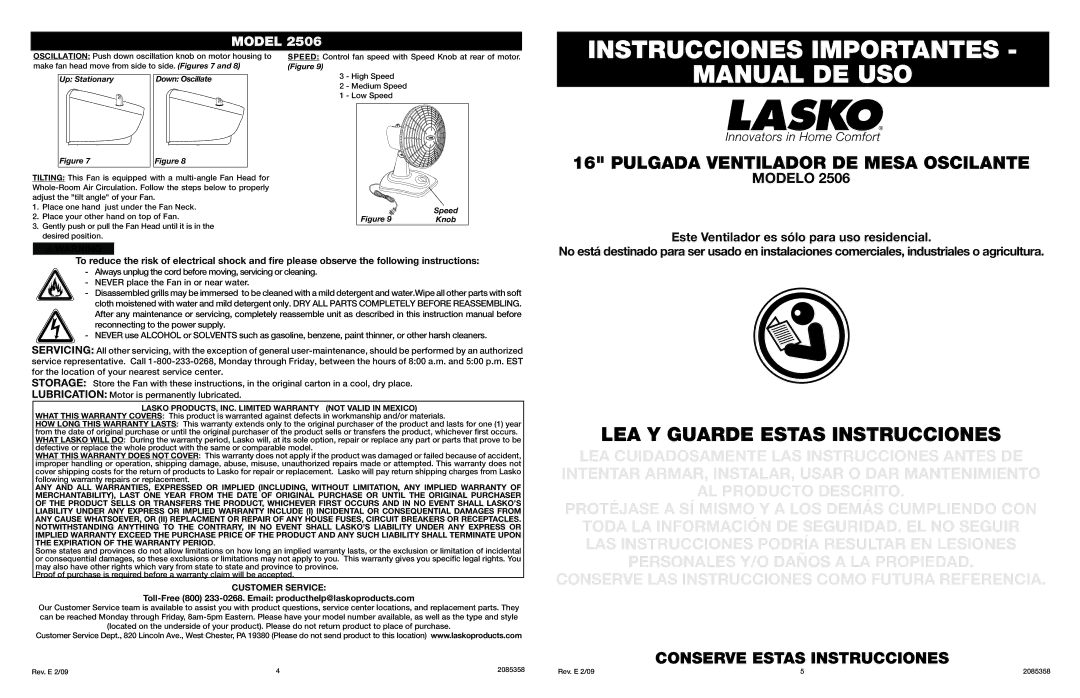 Lasko 2506 manual Instrucciones Importantes, Manual DE USO, Down Oscillate, Speed, Knob 