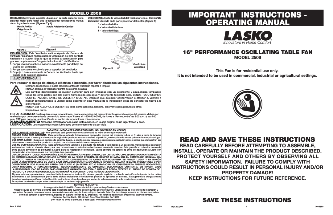 Lasko 2506 manual Important Instructions, Operating Manual, Save These Instructions, Performance Oscillating Table Fan 