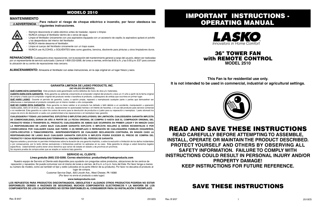 Lasko 2510 manual Important Instructions Operating Manual, Tower FAN, Garantía Limitada DE Lasko PRODUCTS, INC 