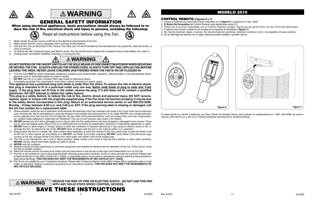 Lasko 2510 manual General Safety Information, Read all instructions before using this Fan, Control Remoto Figuras 6 y 