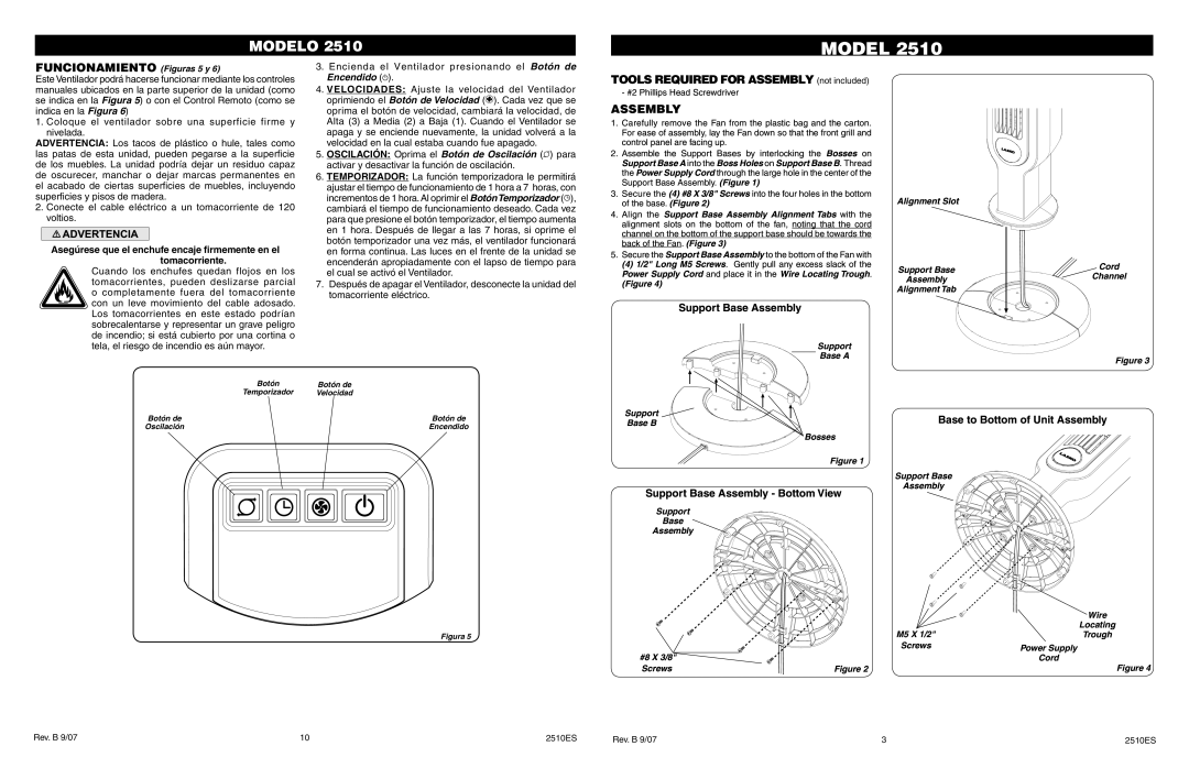 Lasko 2510 manual Funcionamiento Figuras 5 y, Tools Required for Assembly not included 