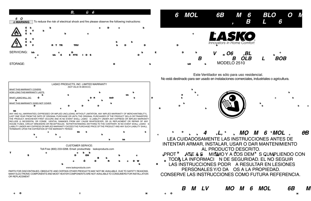 Lasko 2510 manual Instrucciones Importantes Manual DE Operación, LEA Y Guarde Estas Instrucciones, Maintenance 