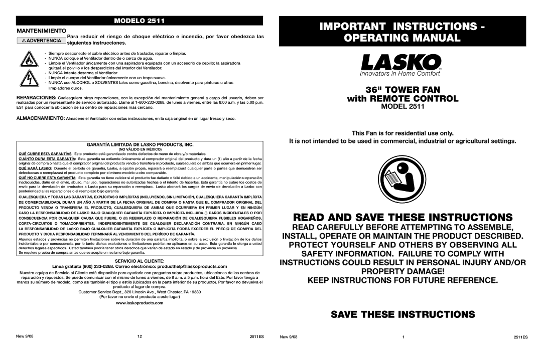 Lasko 2511 manual Important Instructions Operating Manual, With Remote Control, Garantía Limitada DE Lasko PRODUCTS, INC 