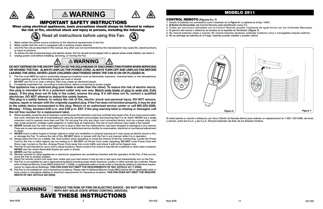 Lasko 2511 manual Important Safety Instructions, Read all instructions before using this Fan 