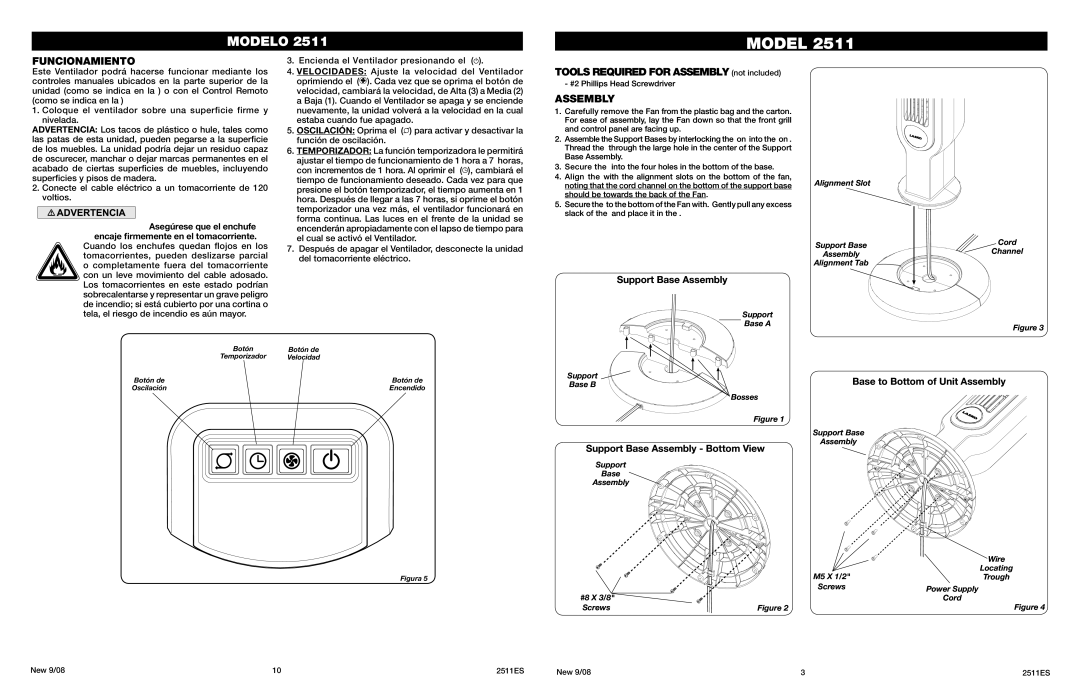 Lasko 2511 manual Funcionamiento, Support Base Assembly Bottom View, Base to Bottom of Unit Assembly 