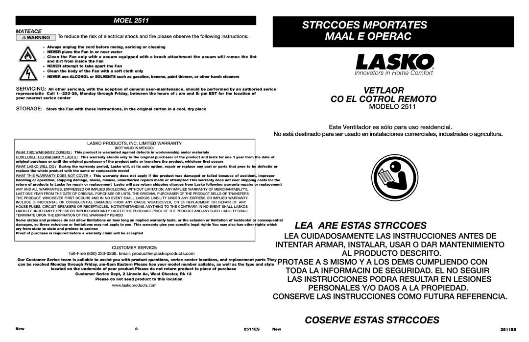 Lasko 2511 manual Instrucciones Importantes Manual DE Operación, LEA Y Guarde Estas Instrucciones, Maintenance 