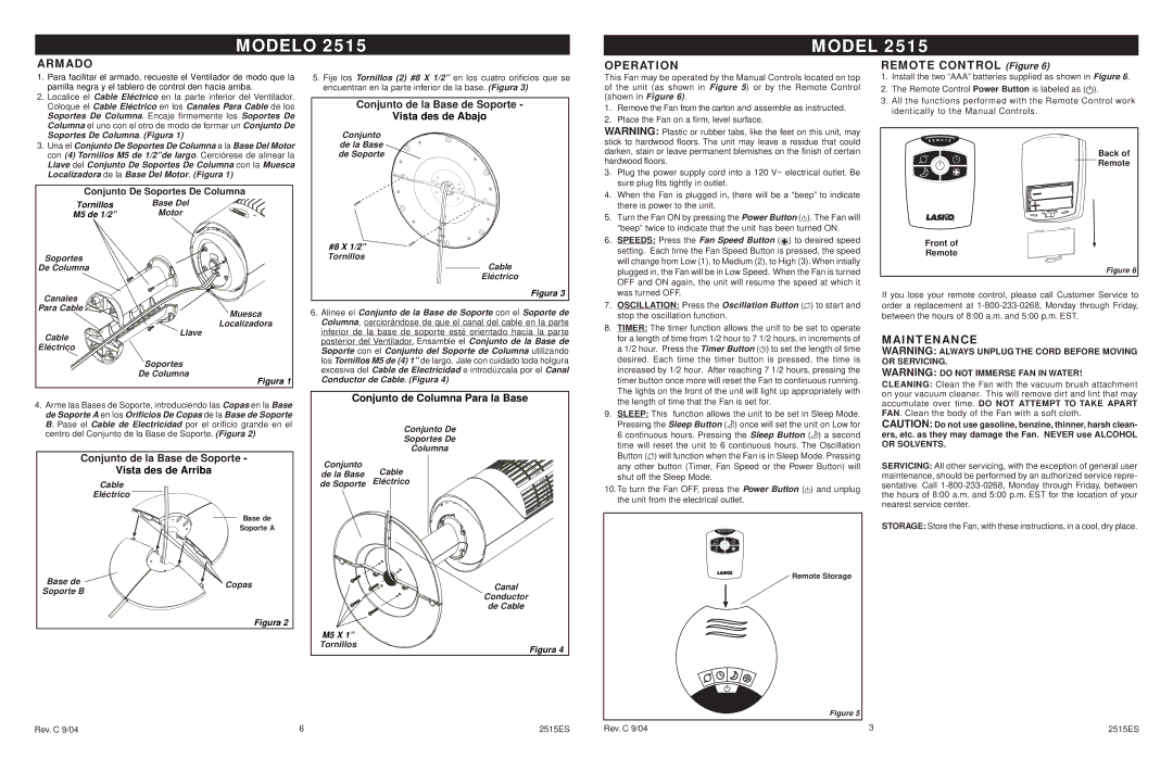 Lasko 2515 manual Armado, Operation, Maintenance, Vista des de Arriba, Vista des de Abajo 