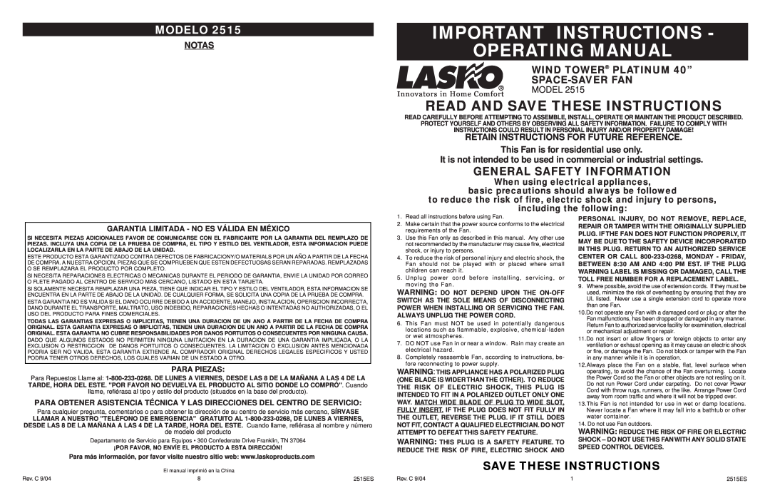 Lasko 2515 manual Important Instructions Operating Manual, Read And Save These Instructions, Modelo, Para Piezas, Notas 