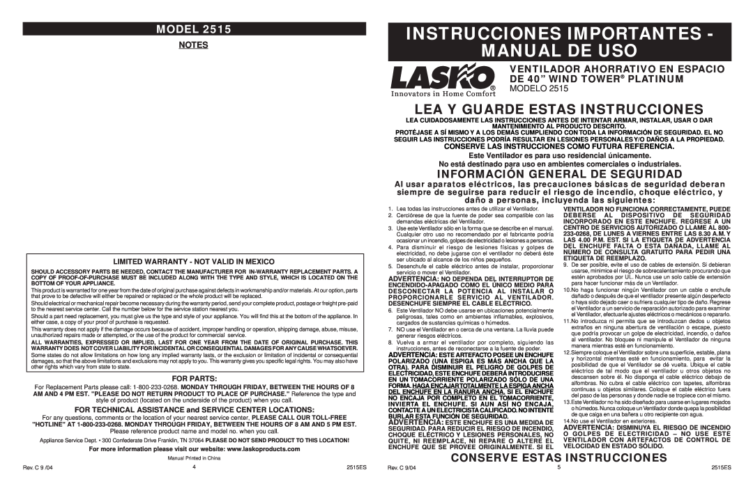 Lasko 2515 Instrucciones Importantes Manual De Uso, Lea Y Guarde Estas Instrucciones, Información General De Seguridad 