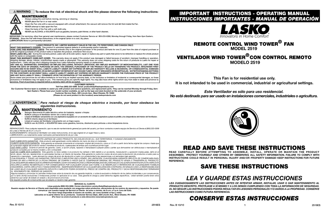 Lasko 2519 warranty Maintenance, Customer Service, Servicio AL Cliente 