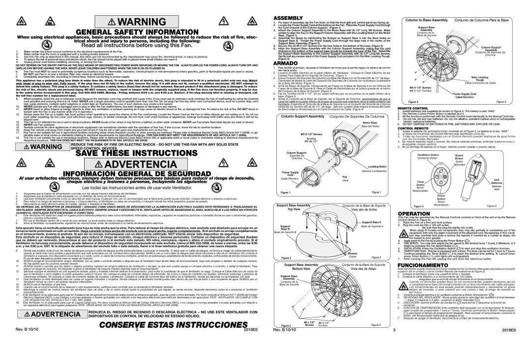 Lasko 2519 warranty Assembly, Armado, Operation, Funcionamiento, Remote Control 