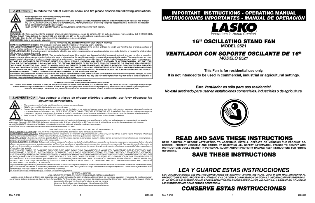 Lasko 2521 warranty  LASKO PRODUCTS, INC. Limited Warranty not Valid in Mexico, Customer Service 