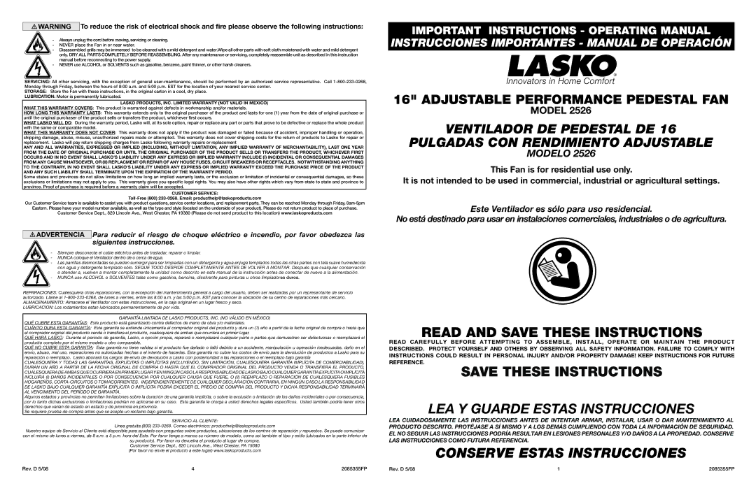 Lasko 2526 warranty  LASKO PRODUCTS, INC. Limited Warranty not Valid in Mexico, Customer Service 