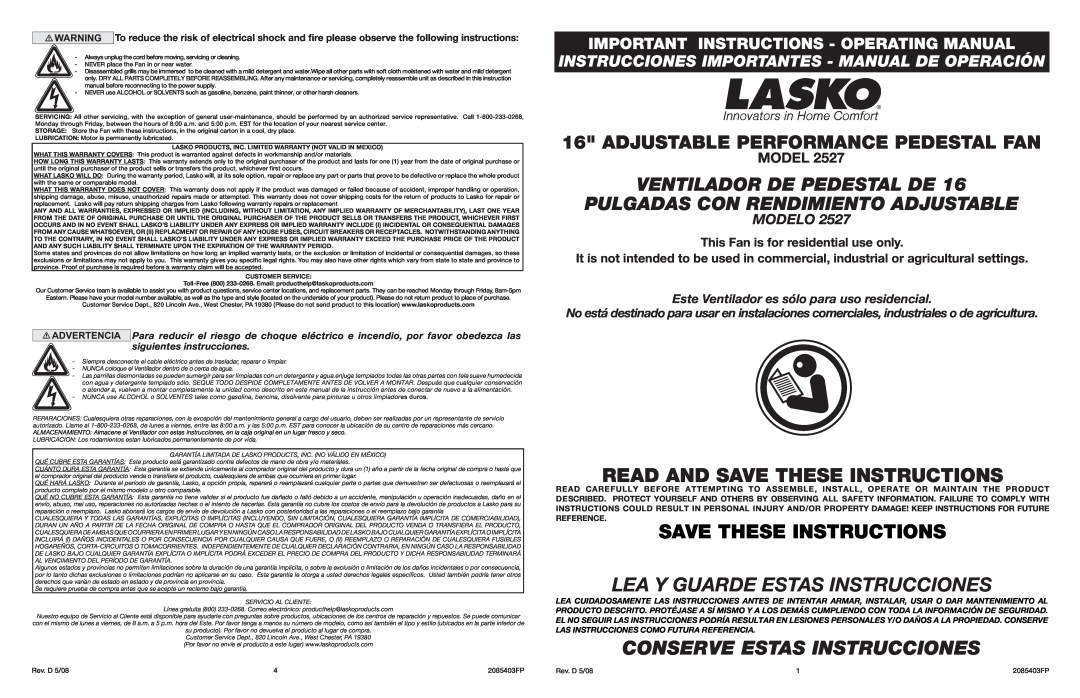 Lasko 2527 warranty Rev. D 5/08, 2085403FP,  Lasko Products, Inc. Limited Warranty Not Valid In Mexico, Customer Service 